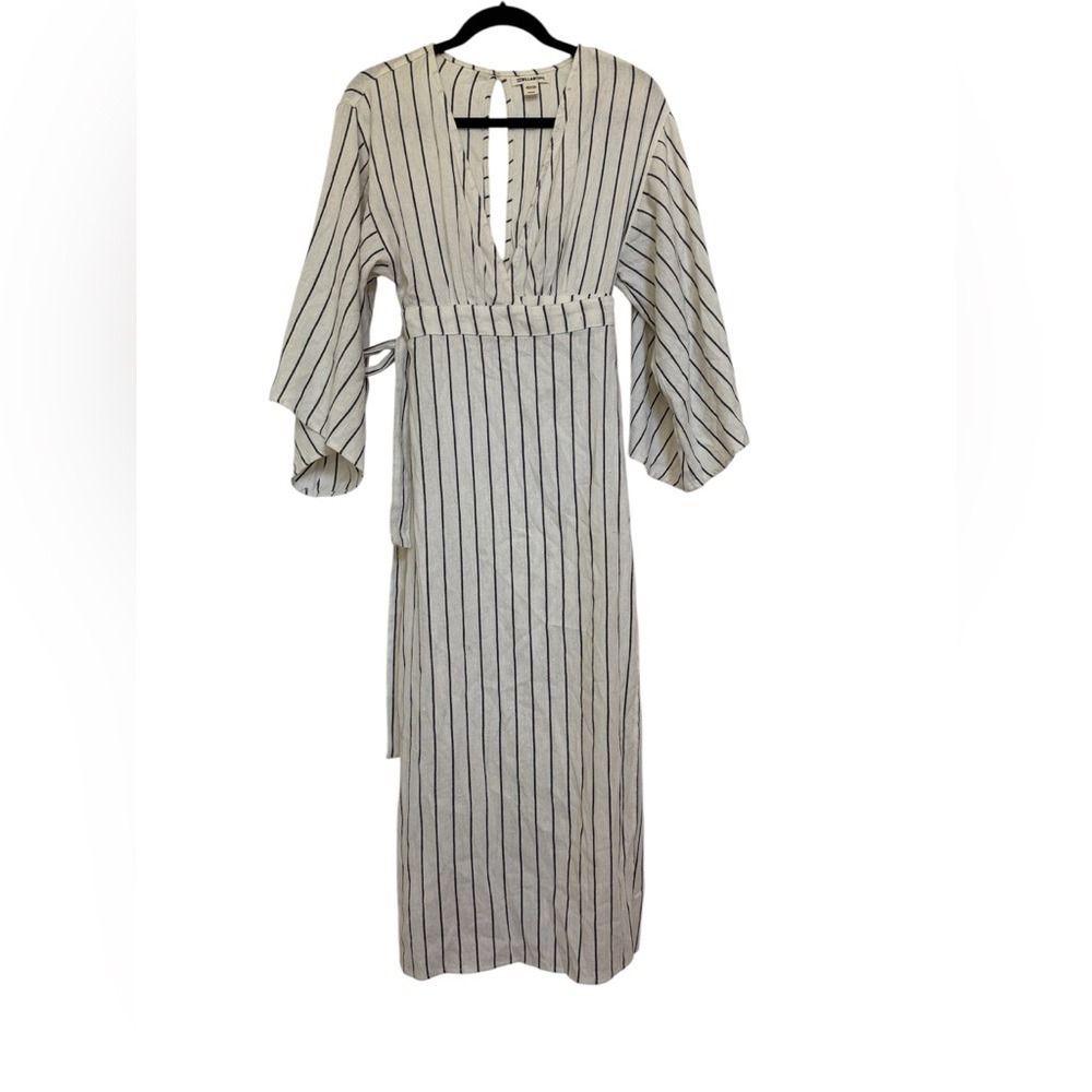 Billabong Striped Midi Wrap Dress Bell Sleeves V Neck Tie Waist Beach Vacation - Picture 2 of 14